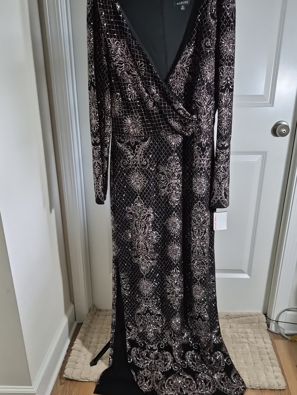 MARINA Black Long Sleeve Evening Dress with Gold Metallic Pattern